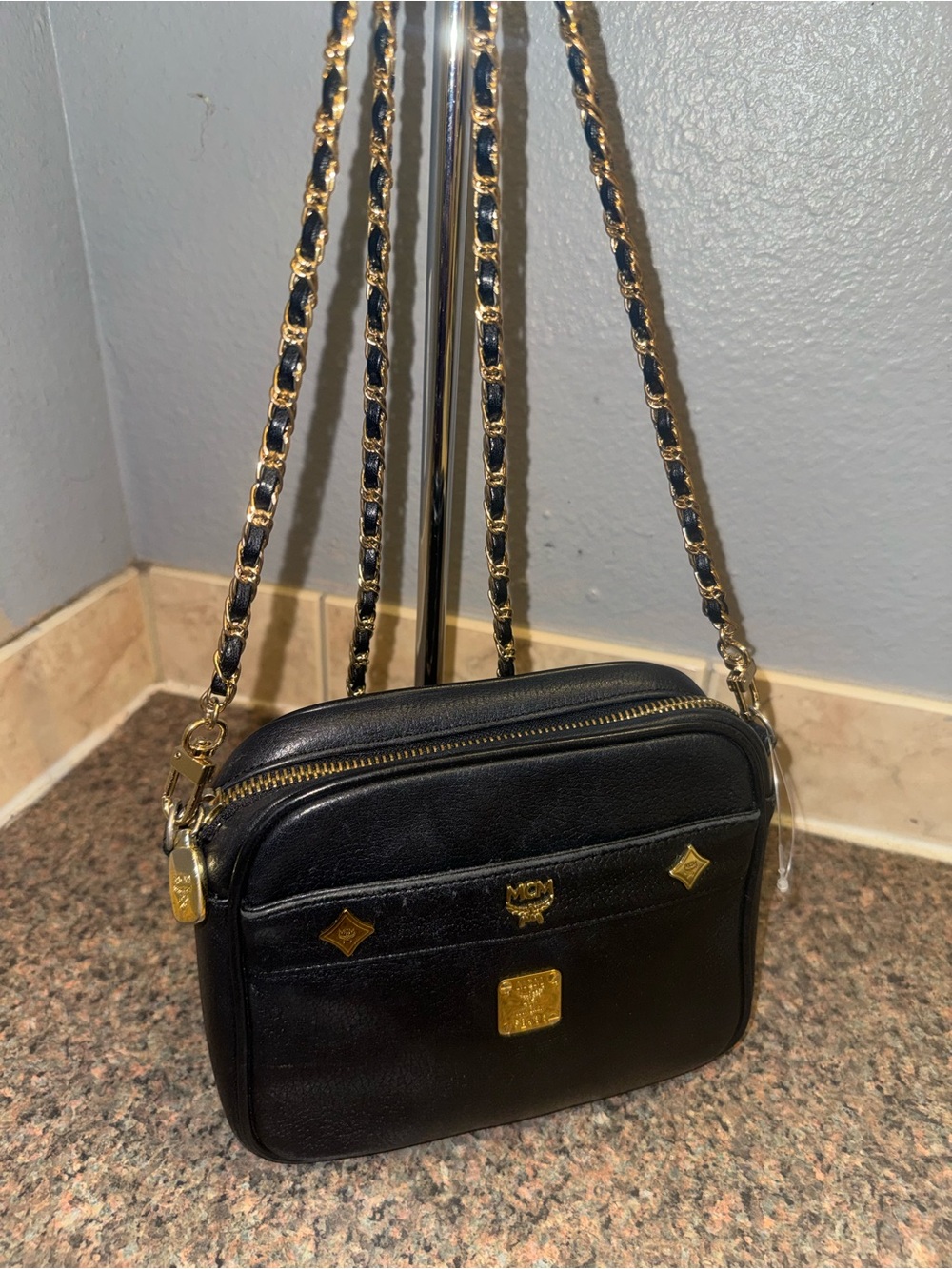 MCM Black Leather Crossbody camera Bag EUC